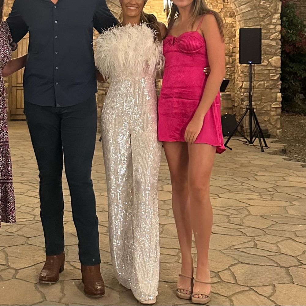 White Sequin Feather Jumpsuit
